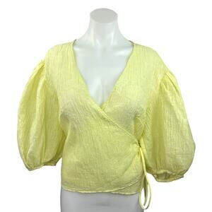 H&M Yellow Crinkled V-Neck Half Puff Sleeve Boho Wrap Blouse Shirt Top Size M